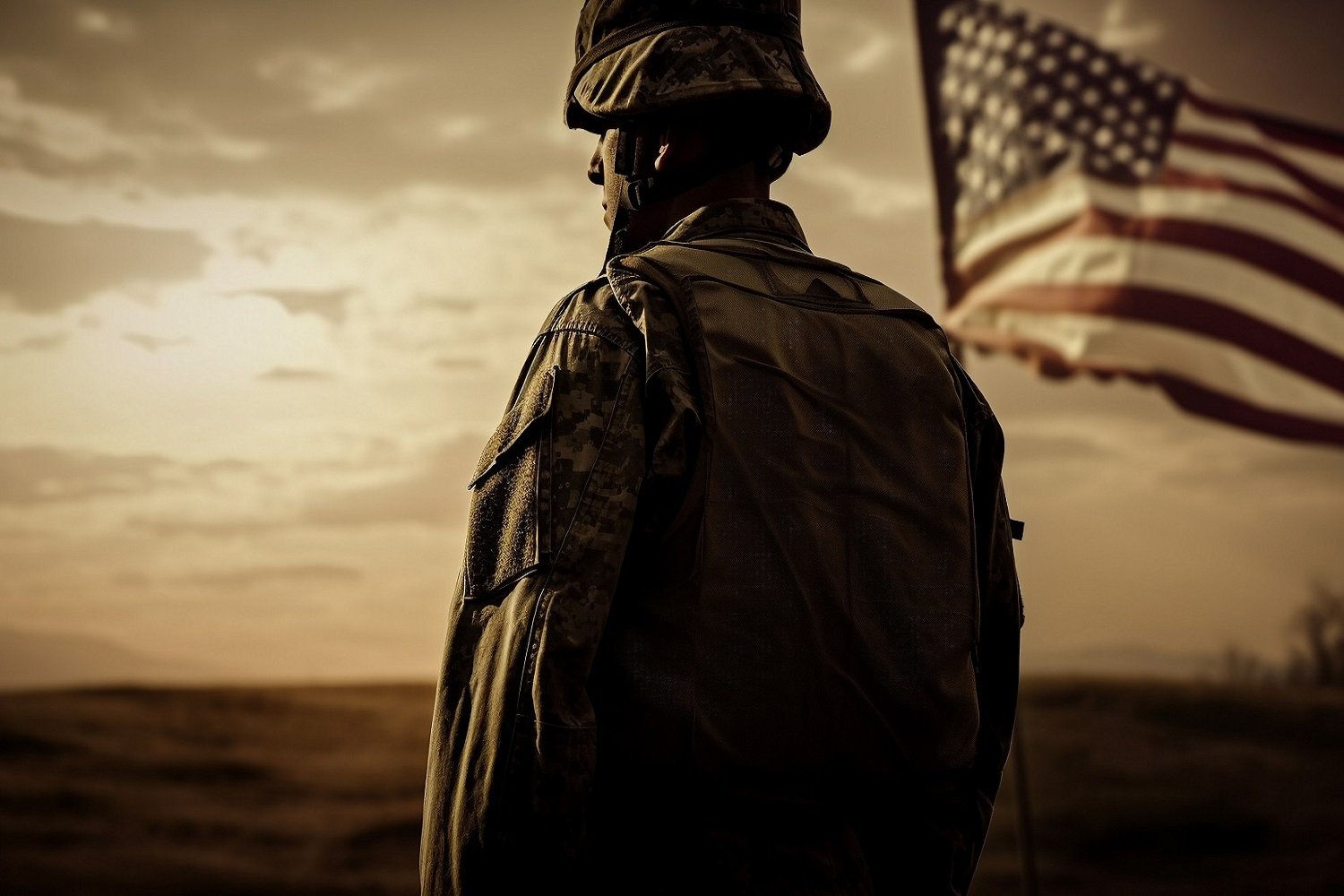 Standing army soldier salutes American flag at sunset generated